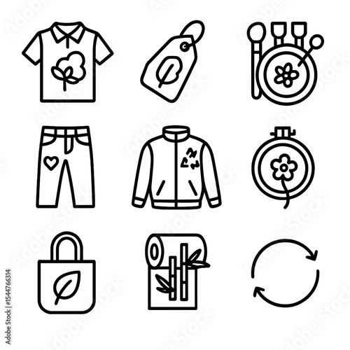 Ethical Fashion Icons. Outline icon set of ethical fashion: organic cotton shirt, fair trade label tag, eco-friendly dyes palette,