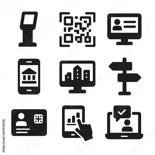Digital Services Icon Set. Solid, filled icons set of digital public services: digital kiosk, QR code access, online form, e-service icon, civic app, 