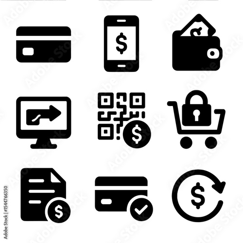 Digital Payment Icons. Solid, filled icons set of digital payment options: credit card, mobile pay icon, digital wallet, e-transfer, QR payment, 