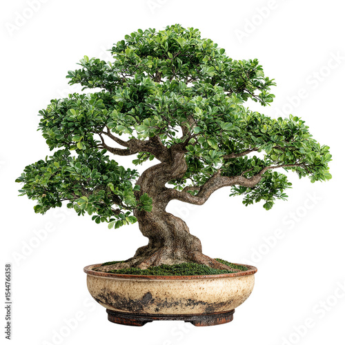 A bonsai tree with green leaves and a thick trunk in a ceramic pot against a black background on transparent background