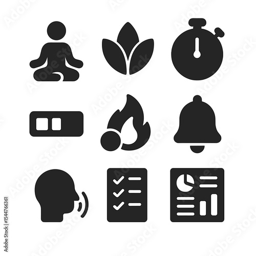 Digital Wellness Icons. Solid, filled icons set of digital wellness apps: yoga app icon, breathing guide,