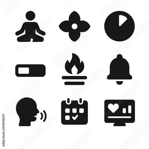 Digital Wellness Icons. Solid, filled icons set of digital wellness apps: yoga app icon, breathing guide,