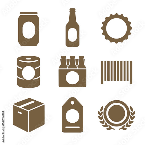 Beer Packaging Icons. Flat icon set of packaging and labels: beer can, bottle label, crown cap, keg label, case box, shrink wrap,