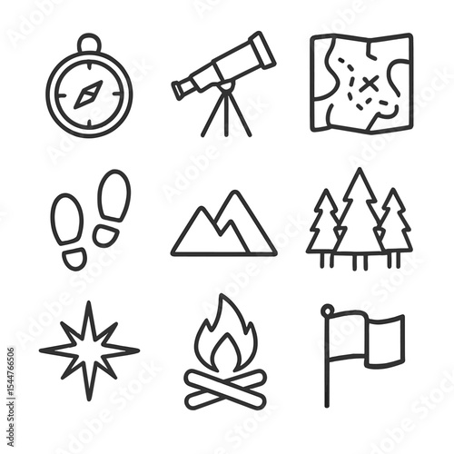 Exploration Icon Set. Outline icon set of exploring unknown territories: compass, telescope, uncharted map, footprints, mountain