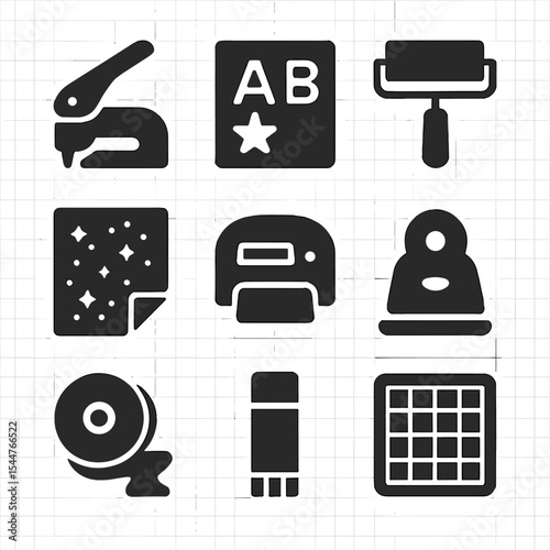 DIY Crafting Tools Icons. Solid, filled icons set of DIY stationery and crafting: emboss tool, letter stencil,