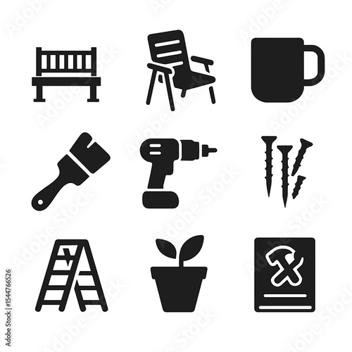 DIY Deck Icon Set. Solid, filled icons set of weekend DIY deck projects: small deck design, patio chair,