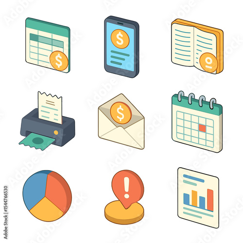 Expense Tracking Icons. Isometric Flat icon set of expense tracking tools: spreadsheet, mobile app, paper ledger, receipt scanner,