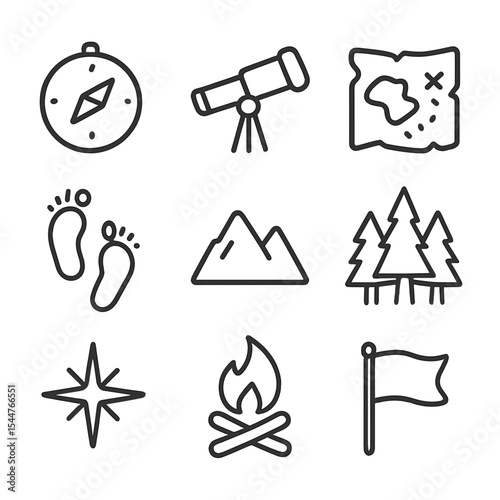 Exploration Icon Set. Outline icon set of exploring unknown territories: compass, telescope, uncharted map, footprints, mountain