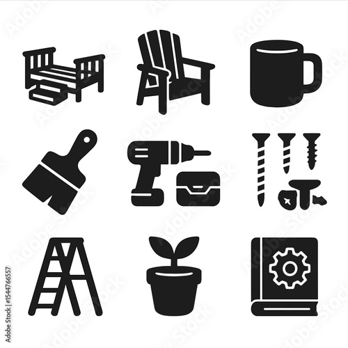 DIY Deck Icon Set. Solid, filled icons set of weekend DIY deck projects: small deck design, patio chair,