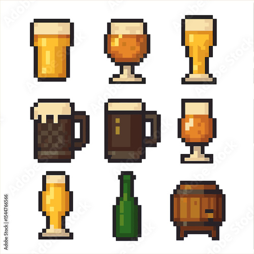 Beer Styles Icons. Pixel art icon set of beer styles: lager pint, ale glass, pilsner flute, stout stein, porter mug, IPA tulip,