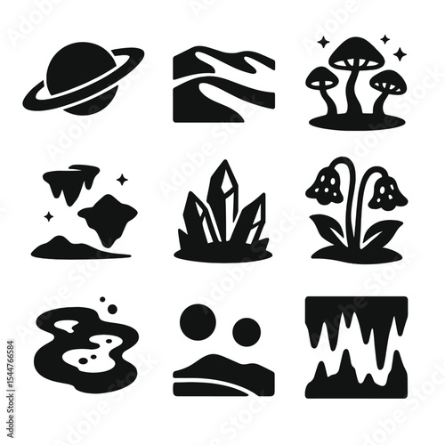 Extraterrestrial Planetscape Icons. Solid, Filled icon set of extraterrestrial planetscapes: rings of gas giant, alien desert