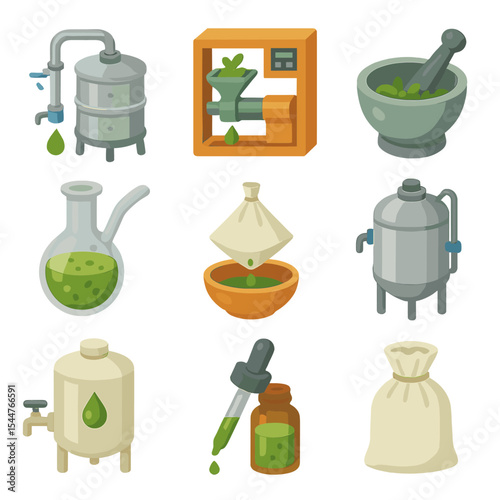Extraction Equipment Icons. Isometric Flat icon set of extraction and processing equipment: steam distiller, cold press machine,