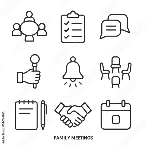 Family Meeting Icons. Outline icon set of family meetings: round table, agenda clipboard, discussion bubbles, speaking stick,
