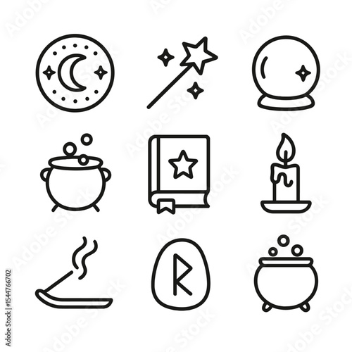 Fairy Ritual Icon Set. Outline icon set of fairy rituals and spells: moon ritual circle, magic wand, crystal ball, potion brew,
