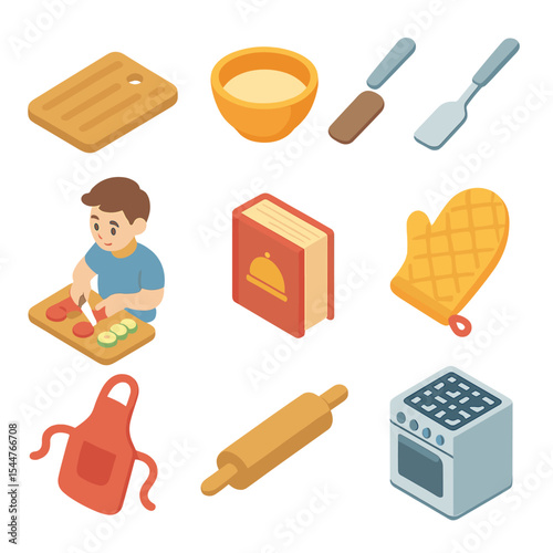 Family Cooking Icons. Isometric Flat icon set of family cooking together: cutting board, mixing bowl, spatula, recipe book,
