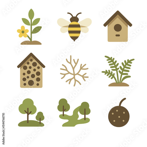 Biodiversity Icon Set. Flat icon set of biodiversity enhancement: native plant, pollinator bee, birdhouse, insect hotel, mycelium
