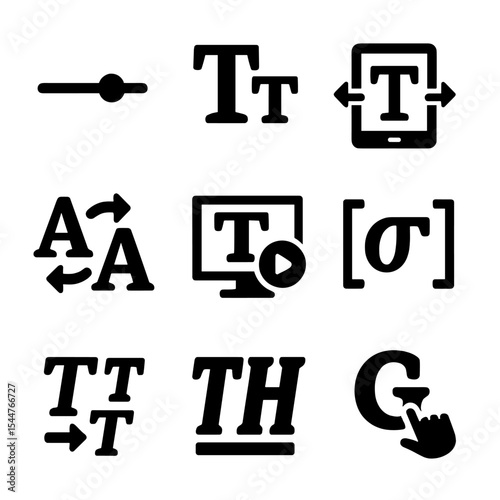 Dynamic Typography Icons. Solid, filled icons set of variable and dynamic typography: weight slider, width