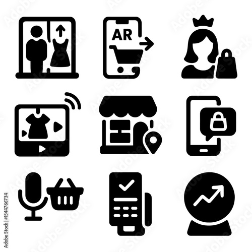 E-commerce Trends Icons. Solid, filled icons set of emerging e-commerce trends: virtual fitting room, AR shopping, influencer shop, live shopping event, digital store tour, social commerce, 
