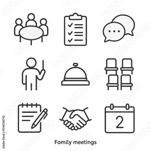 Family Meeting Icons. Outline icon set of family meetings: round table, agenda clipboard, discussion bubbles, speaking stick,