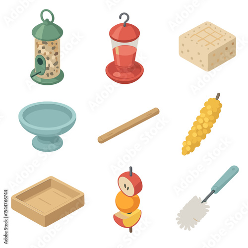 Bird Feeding Station Icons. Isometric Flat icon set of bird feeding station components: seed feeder, nectar feeder, suet cake,
