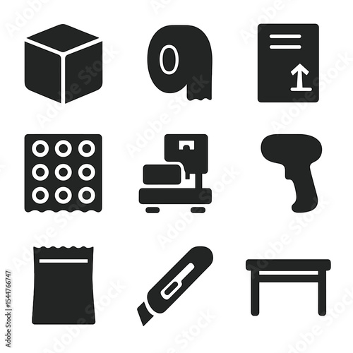 E-commerce Packaging Icons. Solid, filled icons set of e-commerce packaging station: cardboard box, packing