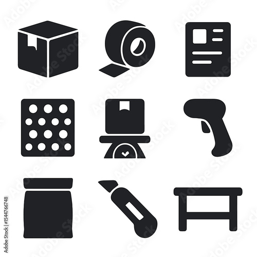 E-commerce Packaging Icons. Solid, filled icons set of e-commerce packaging station: cardboard box, packing