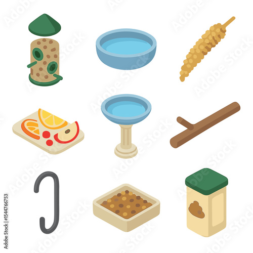Bird Feeding Icons. Isometric Flat icon set of feeding birds their evening meal: seed feeder, water dish, millet spray, fruit