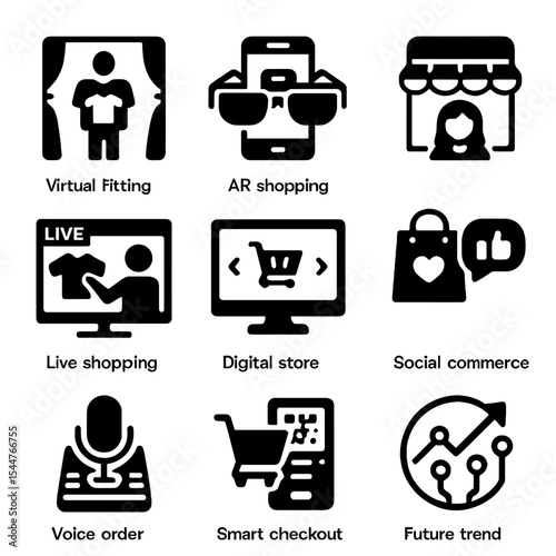 E-commerce Trends Icons. Solid, filled icons set of emerging e-commerce trends: virtual fitting room, AR shopping, influencer shop, live shopping event, digital store tour, social commerce, 