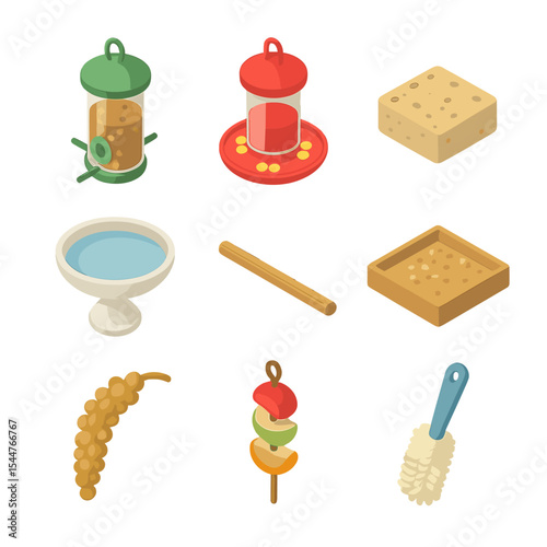 Bird Feeding Station Icons. Isometric Flat icon set of bird feeding station components: seed feeder, nectar feeder, suet cake,