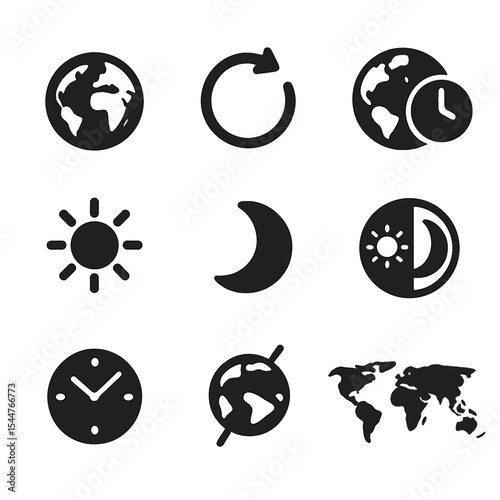 Earth Motion Icons. Solid, filled icons set of Earth’s motion and time: Earth icon, rotation arrow, time zone