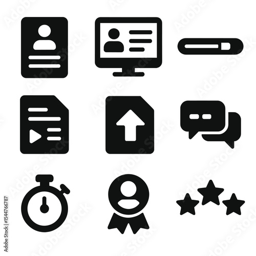 E-Learning Icons Grid. Solid, filled icons set of e-learning platforms: login screen icon, platform dashboard,