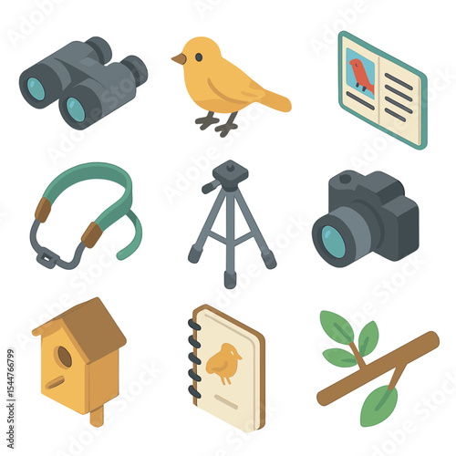 Bird Watching Icons. Isometric Flat icon set of bird watching trek: binoculars, bird, field guide, tripod, camera, birdhouse,