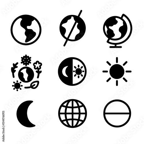 Earth's Axial Icons. Solid, filled icons set of Earth's axial tilt: Earth icon, axis tilt, rotation arrow,