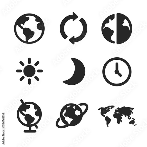 Earth's Rotation Icons. Solid, filled icons set of Earth's rotation: Earth globe, rotation arrows, day and night icon, sun icon, moon icon, time icon, axis tilt, orbit icon, world map.