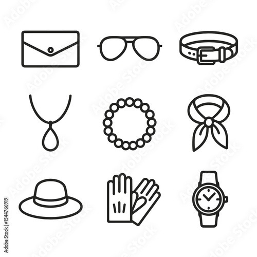 Fashion Accessory Icons. Outline icon set of accessories showcase: clutch bag, aviator sunglasses, leather belt, pendant necklace,