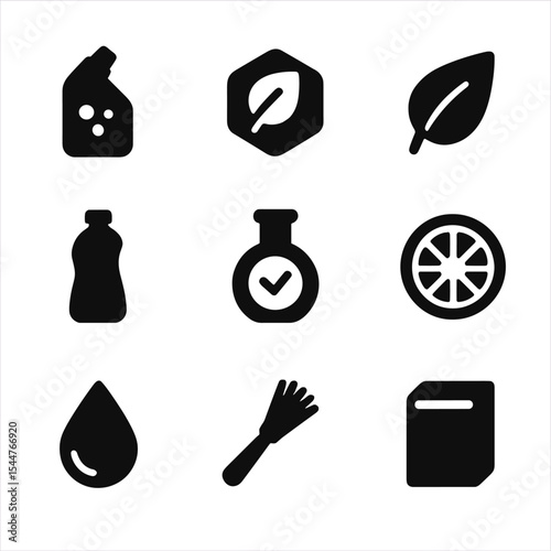 Eco Drain Cleaner Icons. Solid, filled icons set of eco-friendly drain cleaning: enzyme cleaner, biodegradable