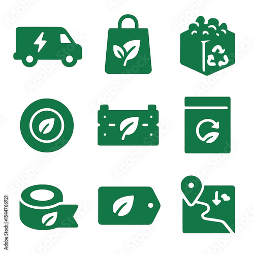 Eco Delivery Icons. Solid, filled icons set of green delivery solutions: electric van, paper packaging, recyclable filler, green delivery badge, reusable crate, compostable mailer, eco-friendly tape, 