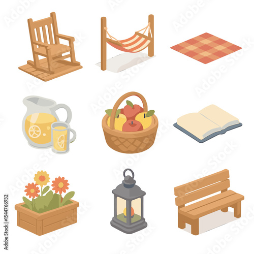 Farmstead Leisure Icons. Isometric Flat icon set of farmstead leisure and rest: rocking chair on porch, hammock between posts,