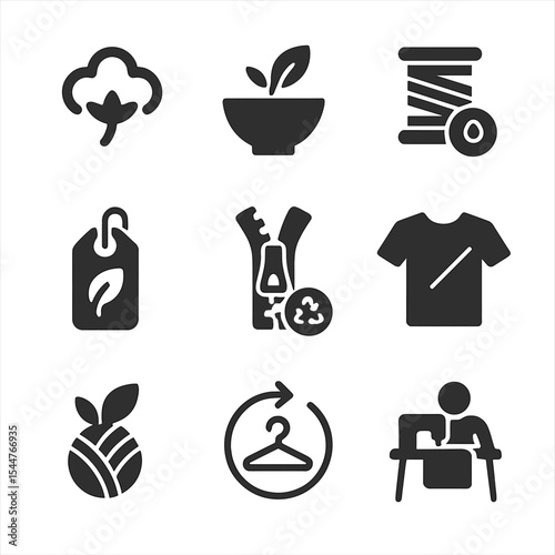 Eco Fashion Icons. Solid, filled icons set of eco-friendly fashion design: organic cotton, natural dye,