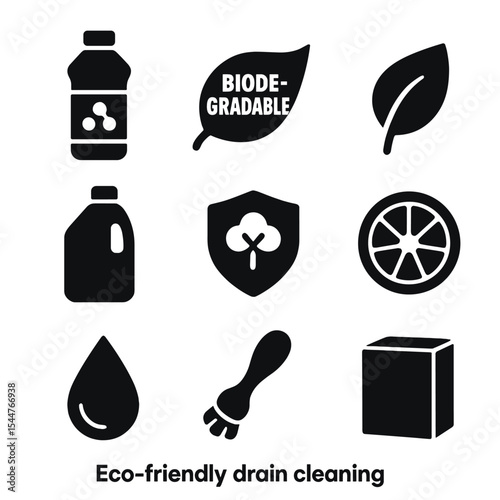 Eco Drain Cleaner Icons. Solid, filled icons set of eco-friendly drain cleaning: enzyme cleaner, biodegradable