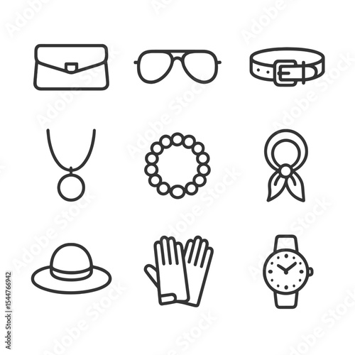 Fashion Accessory Icons. Outline icon set of accessories showcase: clutch bag, aviator sunglasses, leather belt, pendant necklace,
