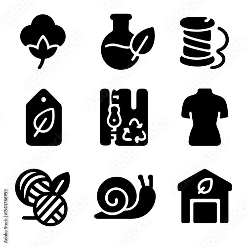 Eco Fashion Icons. Solid, filled icons set of eco-friendly fashion design: organic cotton, natural dye,