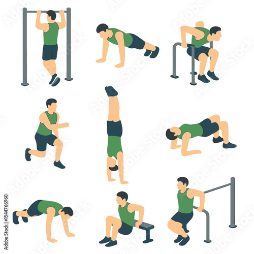 Bodyweight Exercise Icons. Isometric Flat icon set of bodyweight training: pull-up bar, push-up position, dip station, pistol