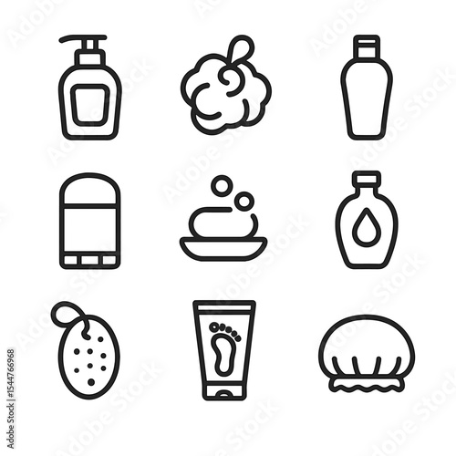 Body Care Icons. Outline icon set of body care and hygiene: body wash pump, loofah sponge, body lotion, deodorant stick, bar soap,