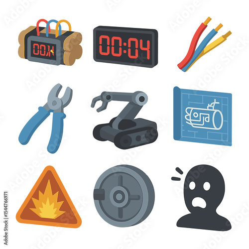 Bomb Diffusal Icons. Isometric Flat icon set of bomb diffusal countdown: ticking bomb device, digital red timer display, exposed