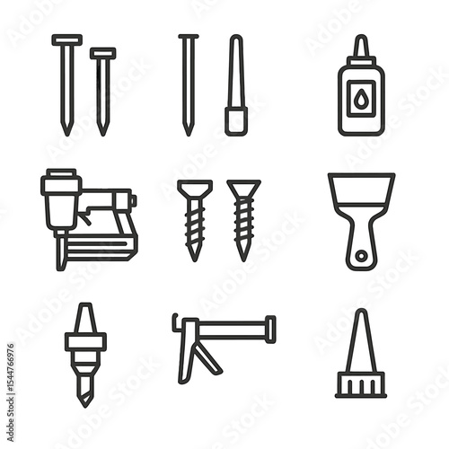 Fastening Tools Icons. Outline icon set of fastening and glue application: finish nails, nail set, wood glue tube, adhesive