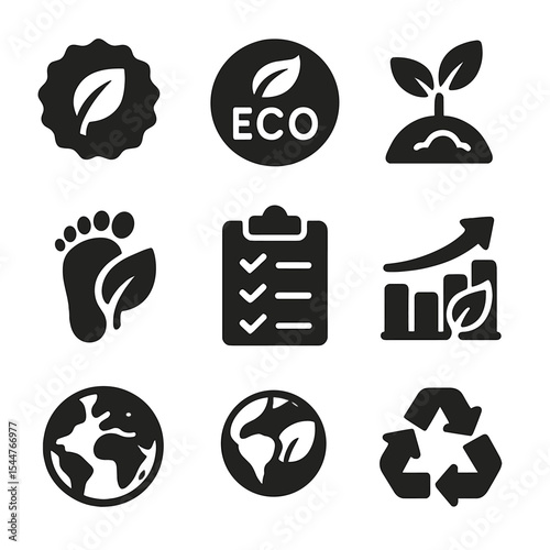 Eco Icons Grid. Solid, filled icons set of eco-labels and green certifications: leaf badge, eco seal,