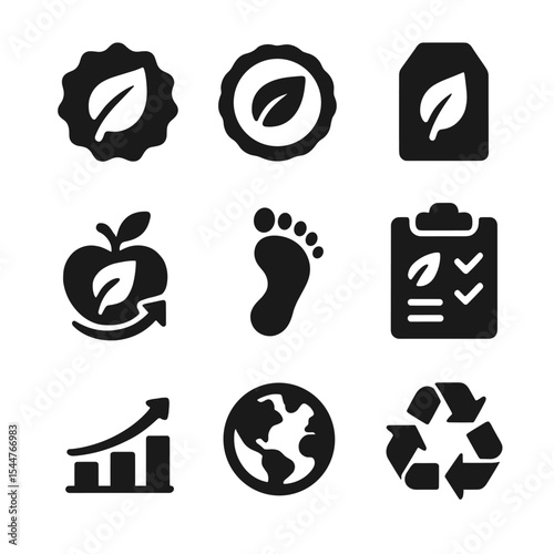 Eco Icons Grid. Solid, filled icons set of eco-labels and green certifications: leaf badge, eco seal,