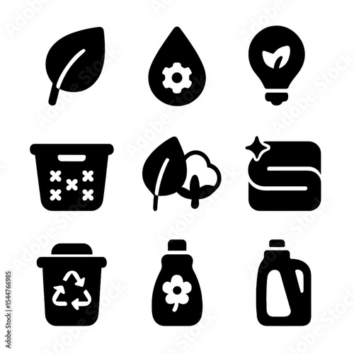 Eco Laundry Icons. Solid, filled icons set of sustainable laundry practices: eco icon, water saving, energy saving, green hamper, natural materials, 