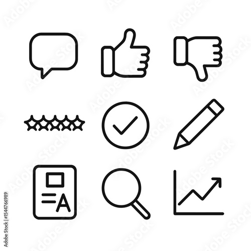 Feedback Icon Set. Outline icon set of feedback and evaluation: speech bubble, thumbs up, thumbs down, star rating, checkmark,